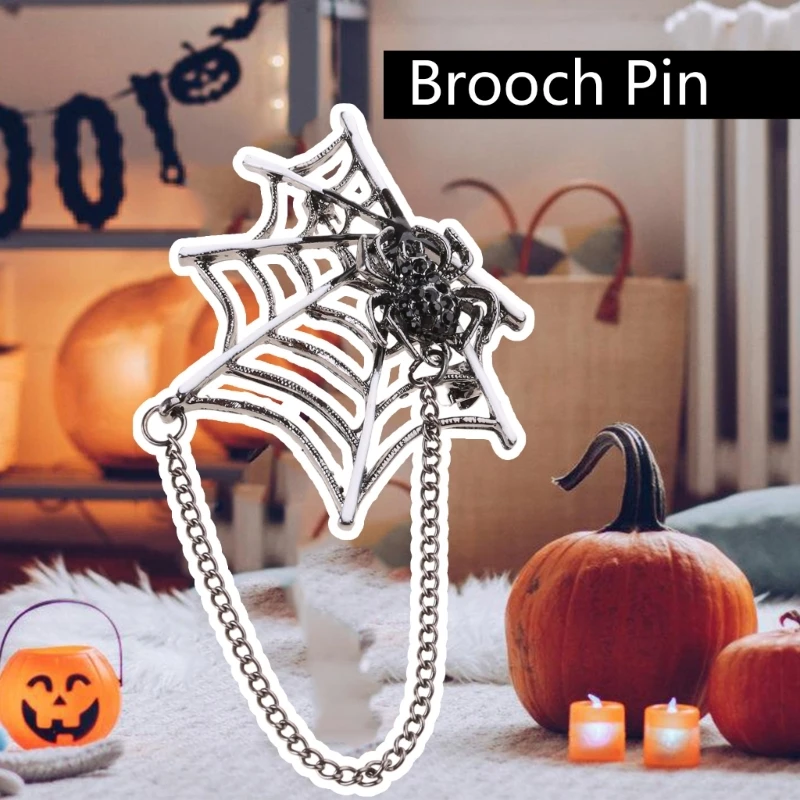 652F Spiders Net Lapel Pin Brooch with Chain, Halloween Lapel Pin Spiders Net Lapel Pin Halloween Costume Jewelry Accessories