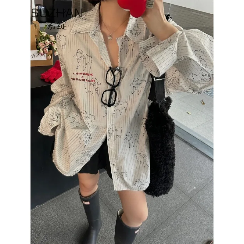 QWEEK Korean Style Striped Oversized Shirt Printing Casual Youth Women\'s Blouses Vintage Harajuku Long Sleeve Button Up Clothes