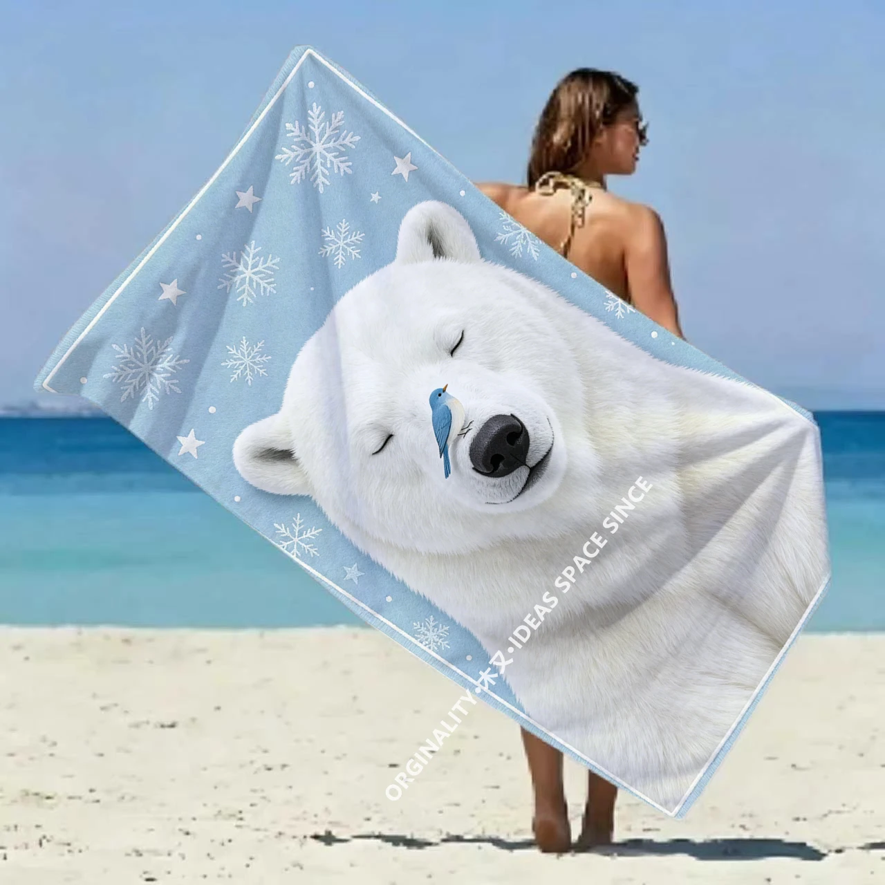 

Cute Polar Bear & Bird Beach Towel Patterned Sunscreen And Windproof Suitable For Swimming Pool Camping Travel