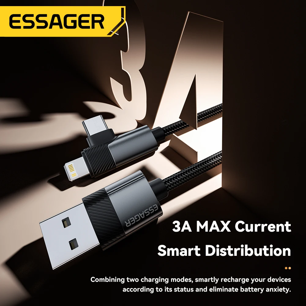Essager 2-in-1 USB-A to Type-C/Lightning Fast Charging Cable, 90-Degree Angle 3