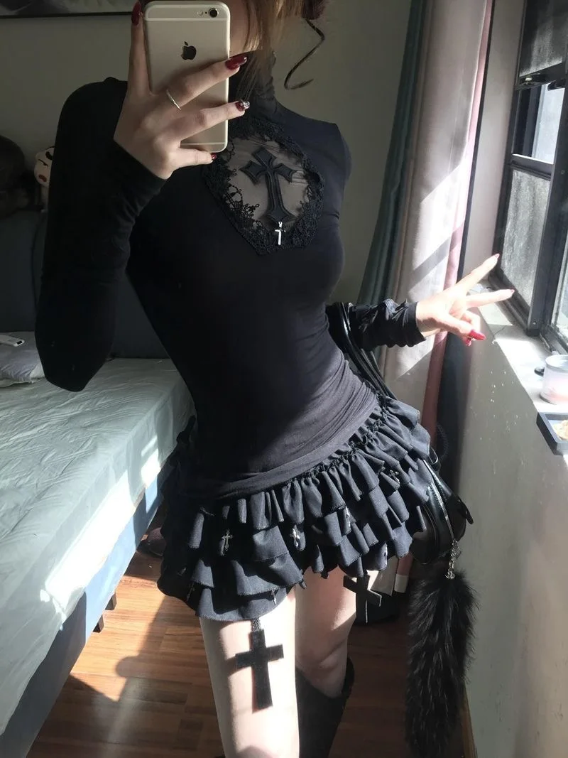 

Gothic Sle Lace Splicing Long Sve Women's Set Autumn Winter Crossbody Skirt And orts Puffy Skirt ort Pants Outfit