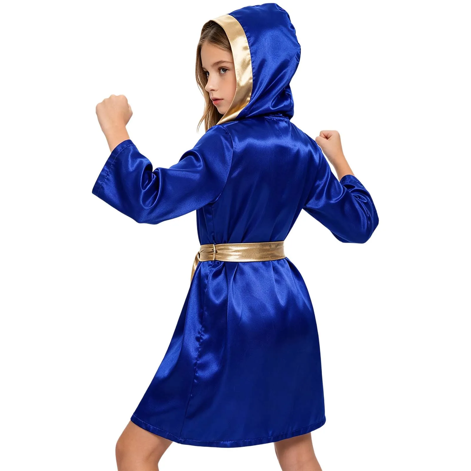 Kinder Jungen Mädchen Metallic-Verzierung Kampf-Boxoutfit mit Kapuze, Boxermantel und Gürtel, Blumenmuster-Weste mit elastischem Bund und Shorts – Detail 10