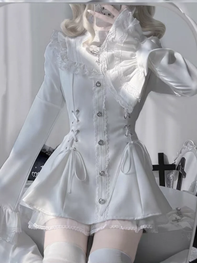 Gothic Vintage Hot Girl Slim Patchwork Dress Women High Street Lace Skinny Long Sleeve Dresses France Sweet White Clothing New