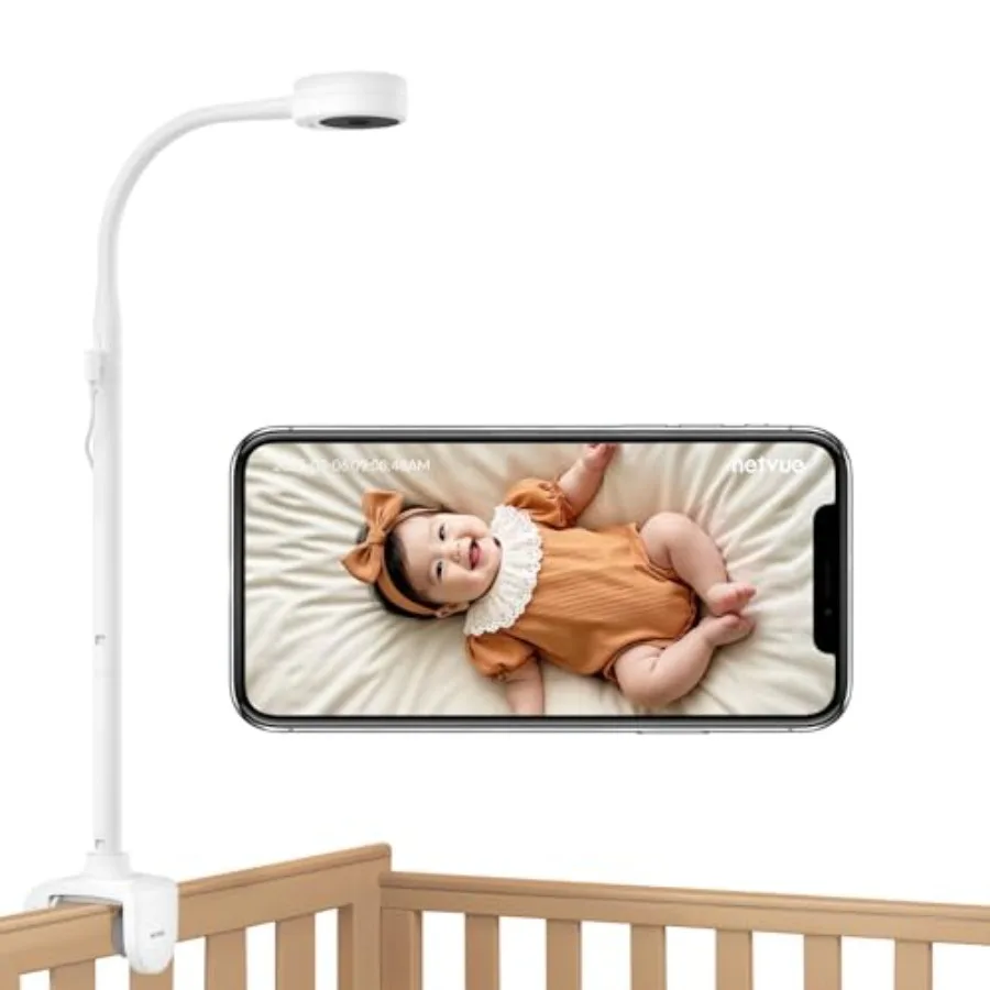 Baby camera for crib monitoring, white plastic, wireless audio and two-way talk via 2.4GHz Wi-Fi for wide coverage and stable c