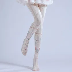 Vintage Artsy Print Lace Vertical Stripes Women's Pantyhose Light Color Ornate Pattern Lolita Hottie Cosplay Tights