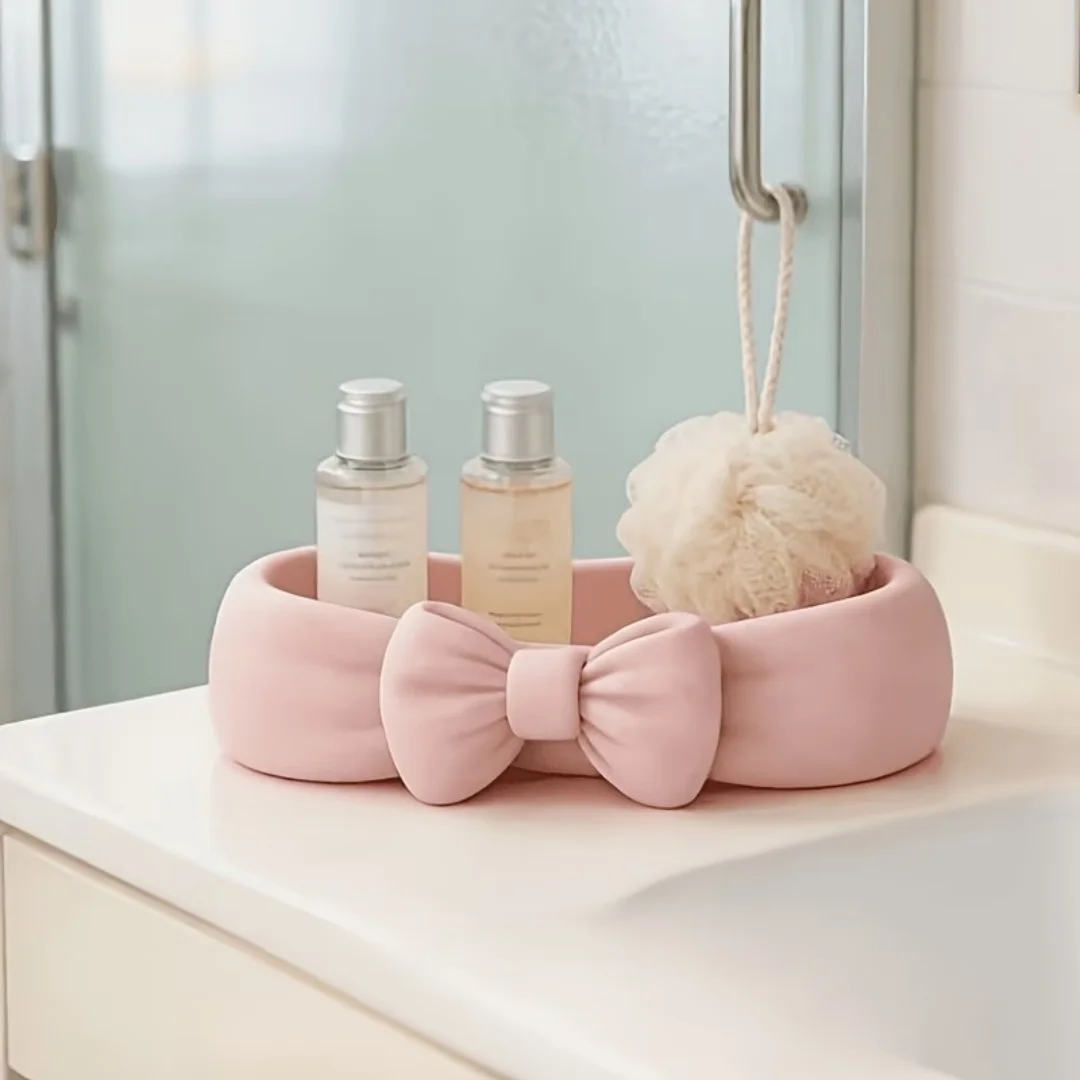 Cute Bow-Tie Decorated Storage Box; Bathroom Vanity Cosmetic Organizer; Skincare and Toothbrush Storage Box; Home Decor Tray