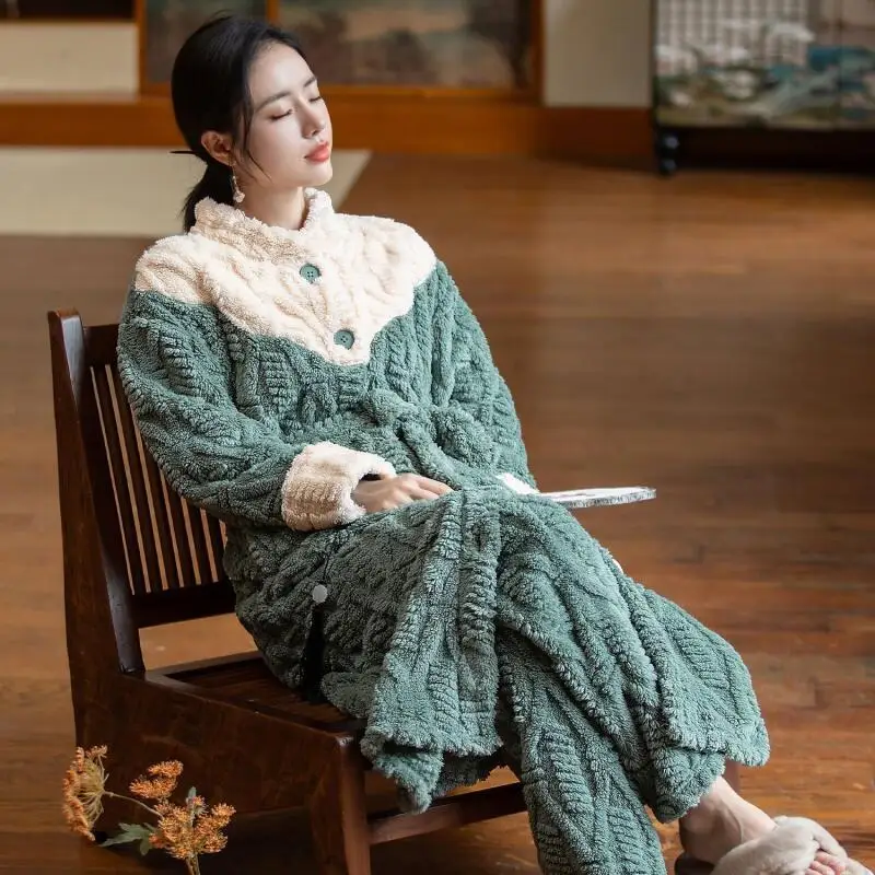 

Women's Clothing Winter Coral Fleece Robe Thicken Fleece-Lined Long Style Pajamas Suit Wearable As Outerwear Keep Warm Homewear