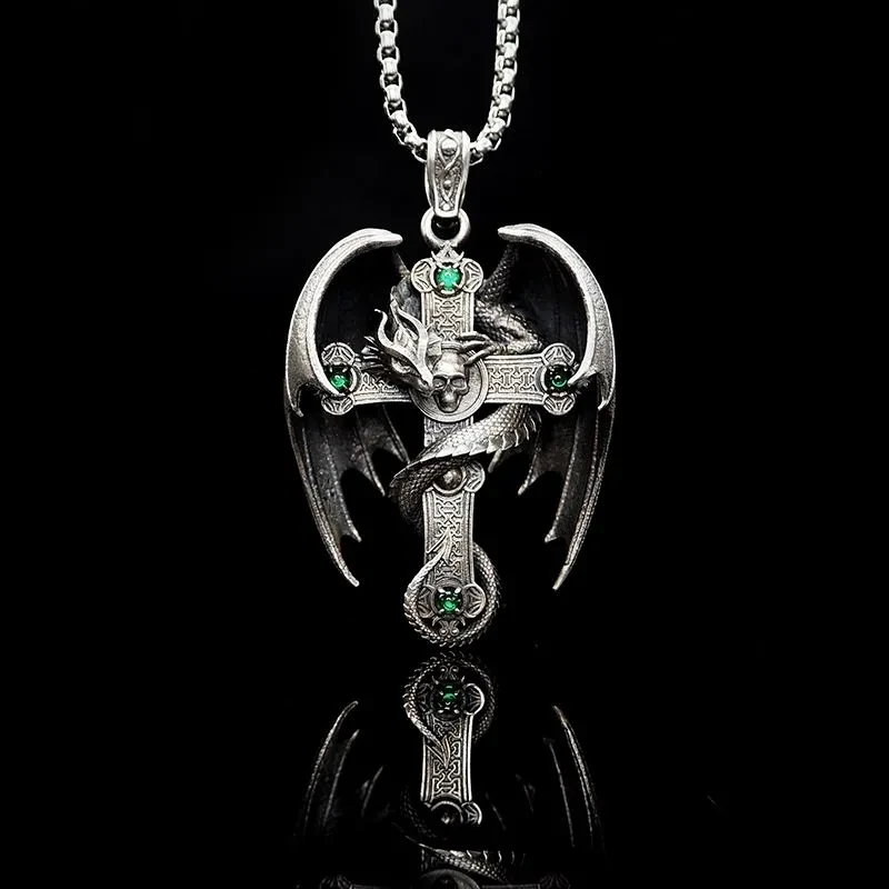 

Personality The Year of The Loong Neck Chain Handsome Personality Vintage Gothic Green Zirconium Dragon Cross Pendant Necklace