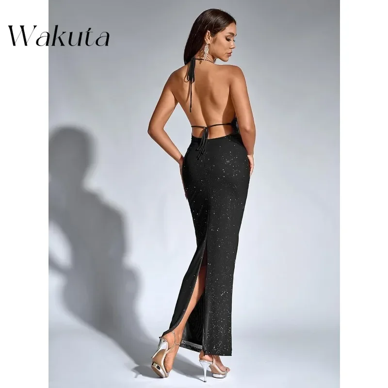 Wakuta Vintage Women Sexy Sequin Bodycon Maxi Dresses V Neck Split Back Formal Evening Cocktail Party Long Vestidos De Madrina