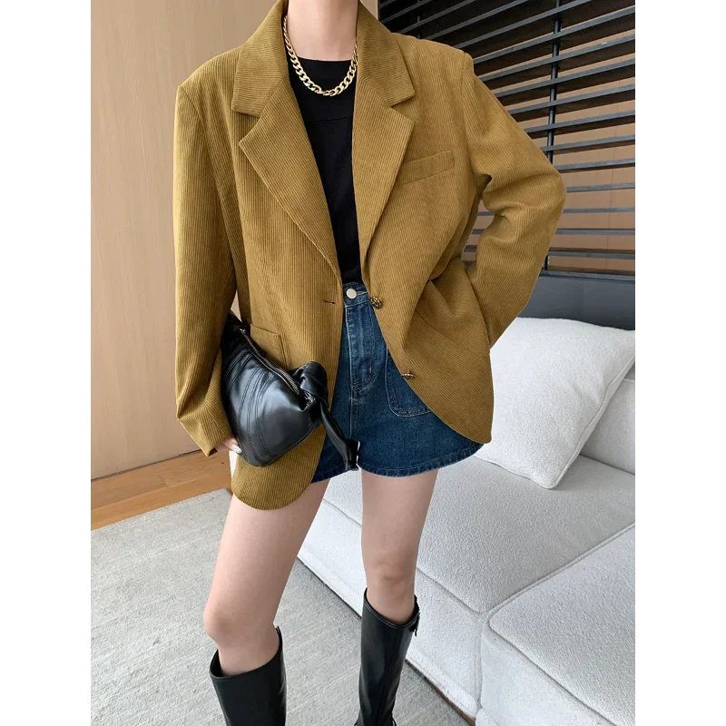 

Autumn Winter Casual Vintage Wine Corduroy Blazer Women French 2024 New Loose Wild Khaki Black Office Lady Stylish Chic Outer