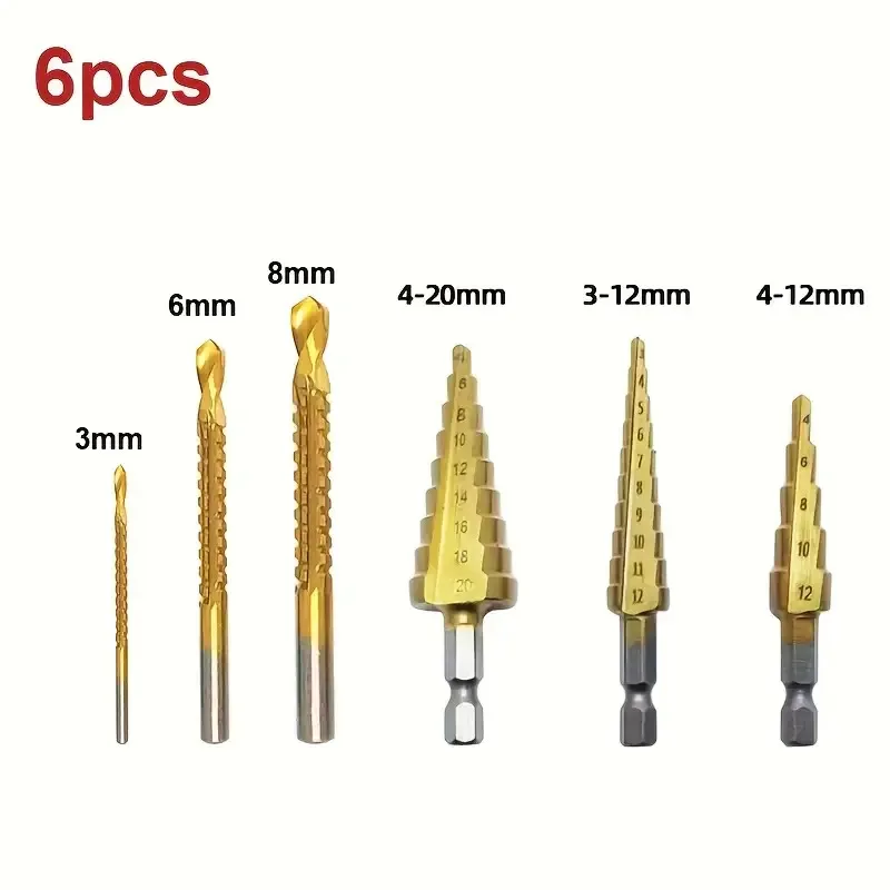 

Набор ступенчатых сверл из титана и хрома из 6 предметов — сверхмощные насадки для самостоятельного изготовления и профессиональных сверл (4-20/4-12/3-12/3/6/8 мм)