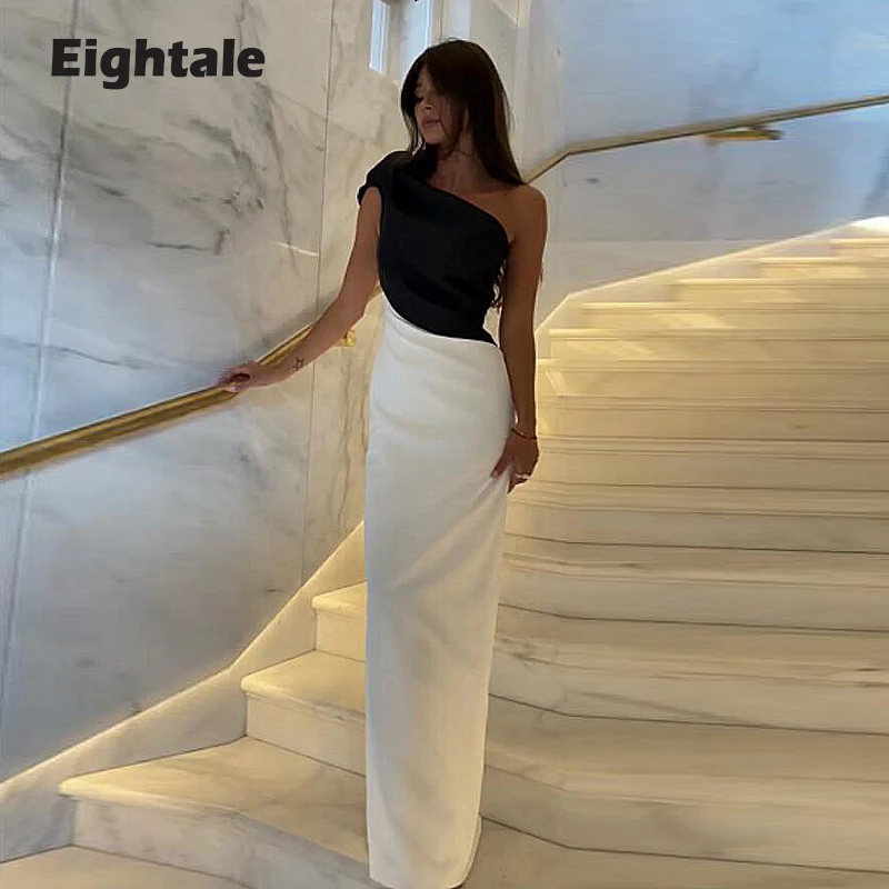 Eightale Sexy Evening Dress for Wedding Party Satin Customized One Shoulder White and Black Mermaid Prom Gowns Celebrity Dress