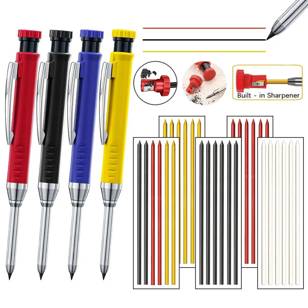 Solid Carpenter Mechanical Pencil 2.8mm Lead Built‑in Sharpener & Refill, Deep Hole Marking for Woodworking Construction Tools