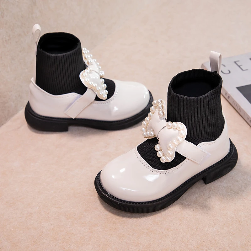 New Girls Leather Boots Pearl Bow Princess Shoes Kids Flying Knit Boots Soft Sole Chic Sweet Sock Leisure Shoes Cute Bow-knot