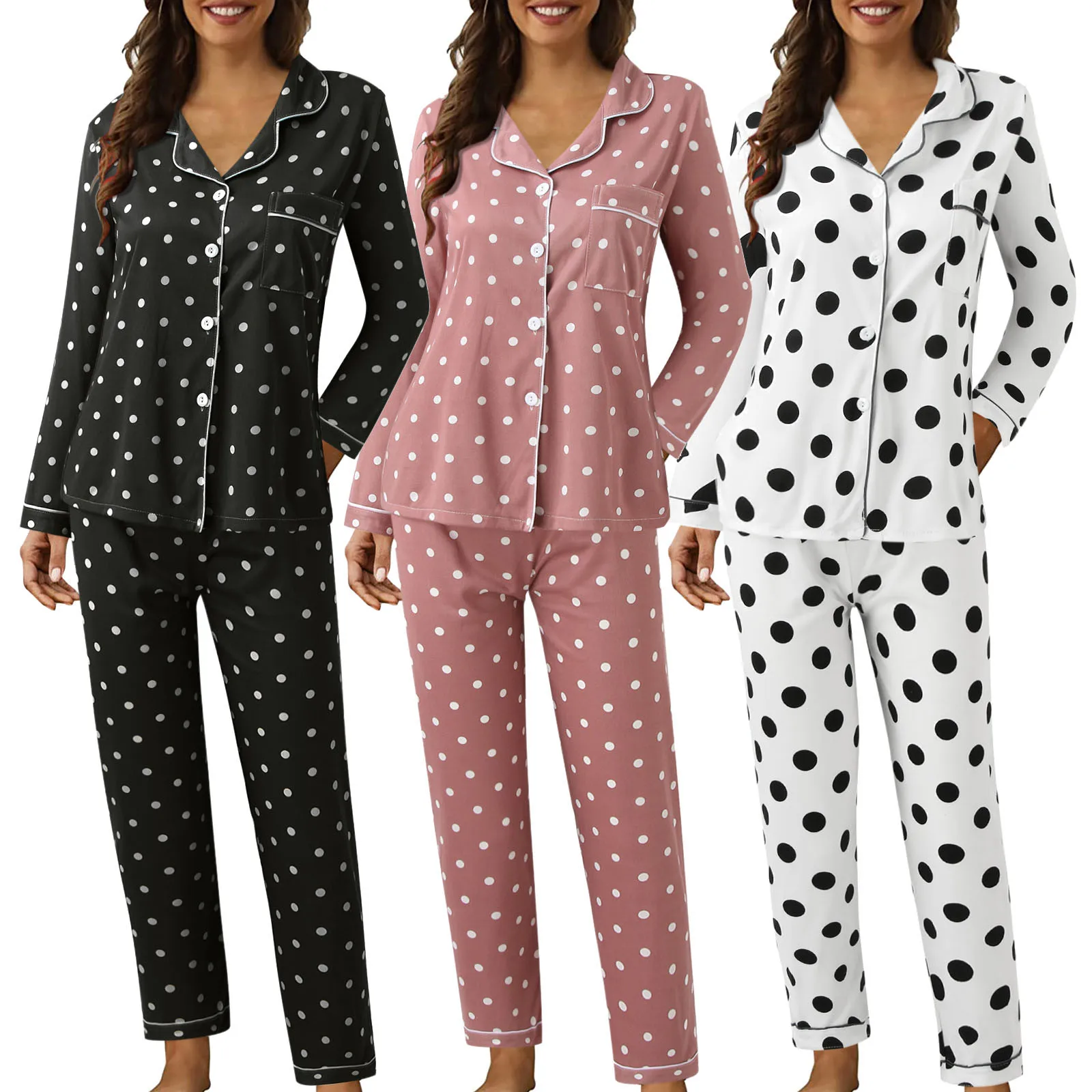 2PCS/Set Women Polka Dots Pajamas Set Long Sleeve Lapel Button Tops+Pants Plus Size Sleepwear Loungewear Winter Casual Home Wear