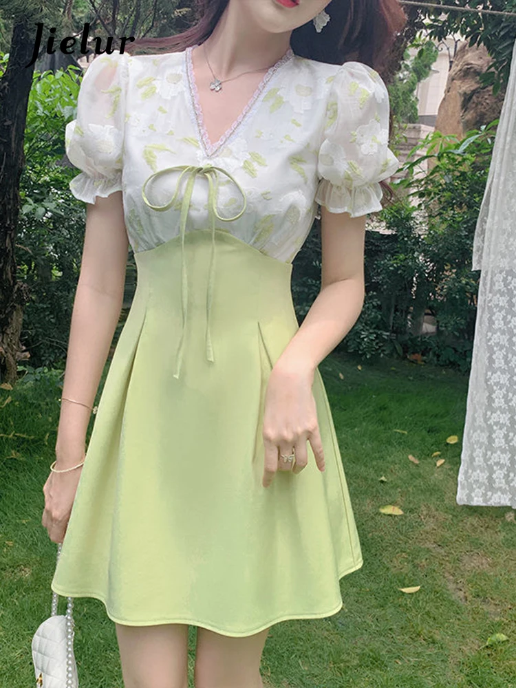 Jielur 2022 estate elegante abito floreale stampa donna dolce carino abito da sera Mini abiti stile manica a sbuffo abbigliamento da spiaggia Boho