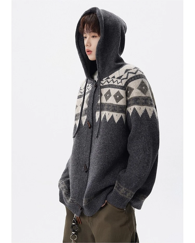 2025 Autumn and Winter New Hot Sale Men's Retro Jacquard Loose Casual Daily Gray Horn Button Hooded Knitted Cardigan