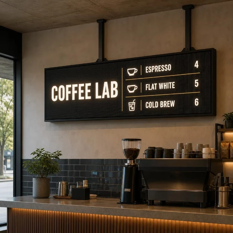 Horizontal LED menu display screen P1.86 suitable for boutique coffee bars, featuring HDR color and ultra-thin casing