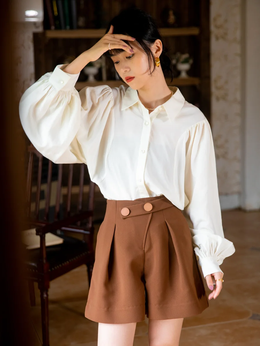 

Оригинальный дизайн, женская блузка с длинным рукавом-фонариком, однотонная, бежевая, простая, новинка 202, повседневный модный топ