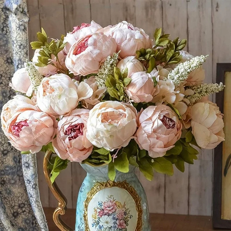 -flores de peonía artificiales europeas, 1 ramo de flores falsas de seda, decoración del hogar para fiesta de boda, ramo de flores, guirnalda, álbum de recortes DIY