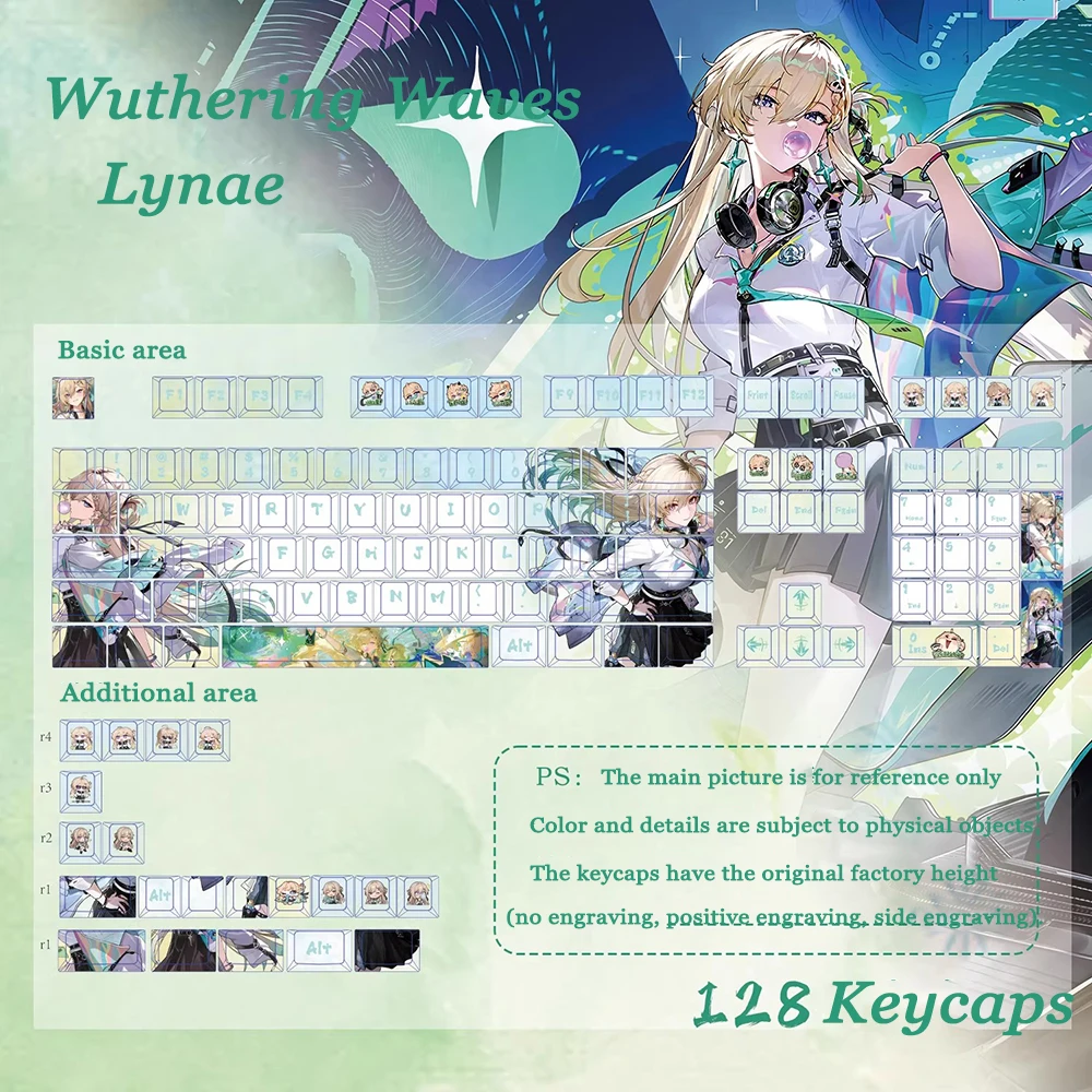Game Wuthering Waves Lynae PBT 128 Key Caps Cosplay Props Axis Side Engraved Mechanicale Keycaps Gaming Tabletop Supplies