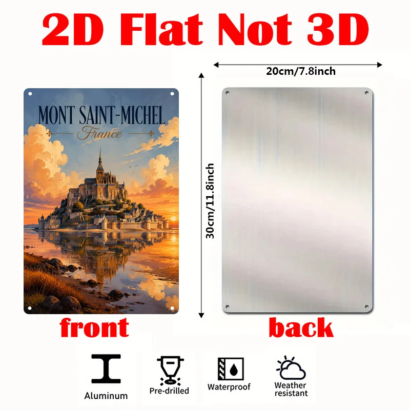 1pc Mont Saint-Michel Sign Decorative Painting, Sunset Metal Sign, 20.32X30.48cm Coastline Plate Sign, France Perfect for Home,