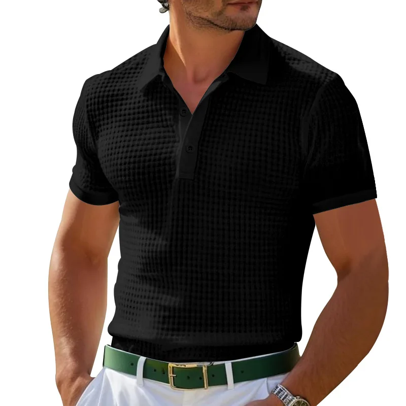 Men\'s Summer New Style European and American Fashion Classic Comfortable Breathable Waffle Solid Color Top T-shirt Polo Shirt