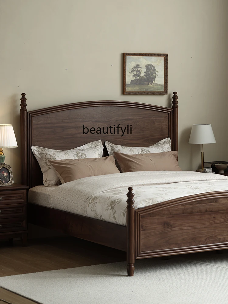 American Style Solid Wood Bed North America Black Walnut Double Bed 1.8 M Modern Minimalist Master Bedroom Large Back Bed