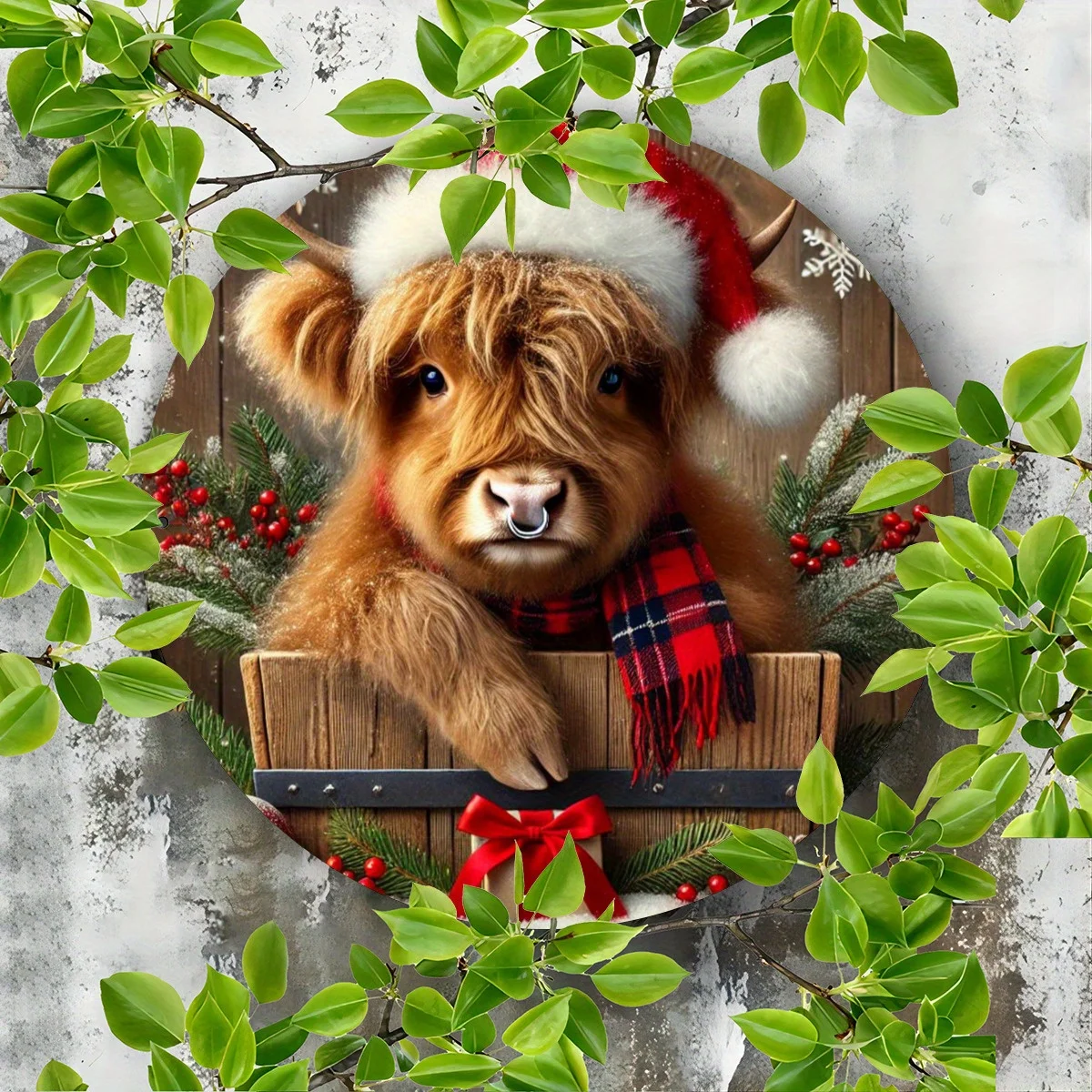 2D Flat, 1pc Vintage Highland Cow Christmas Metal Sign - Rustic Iron Door Wall Decor with Santa Hat, Plaid Scarf & Holly Berries