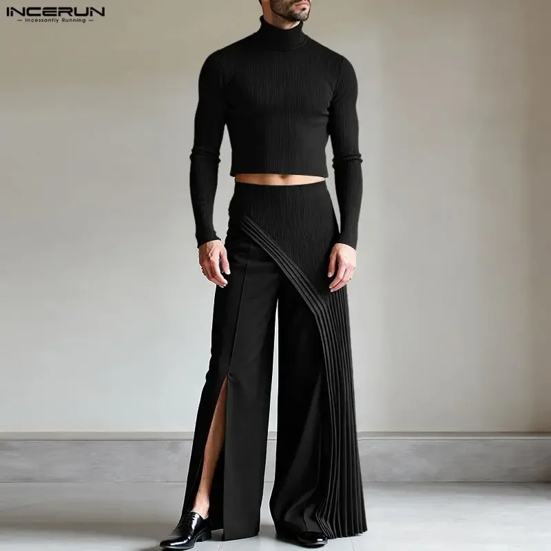 

INCERUN 2026 Men Sets Patchwork Pleated Turtleneck Long Sleeve Crop Tops & Irregular Skirt 2PCS Streetwear Fashion Men Suits