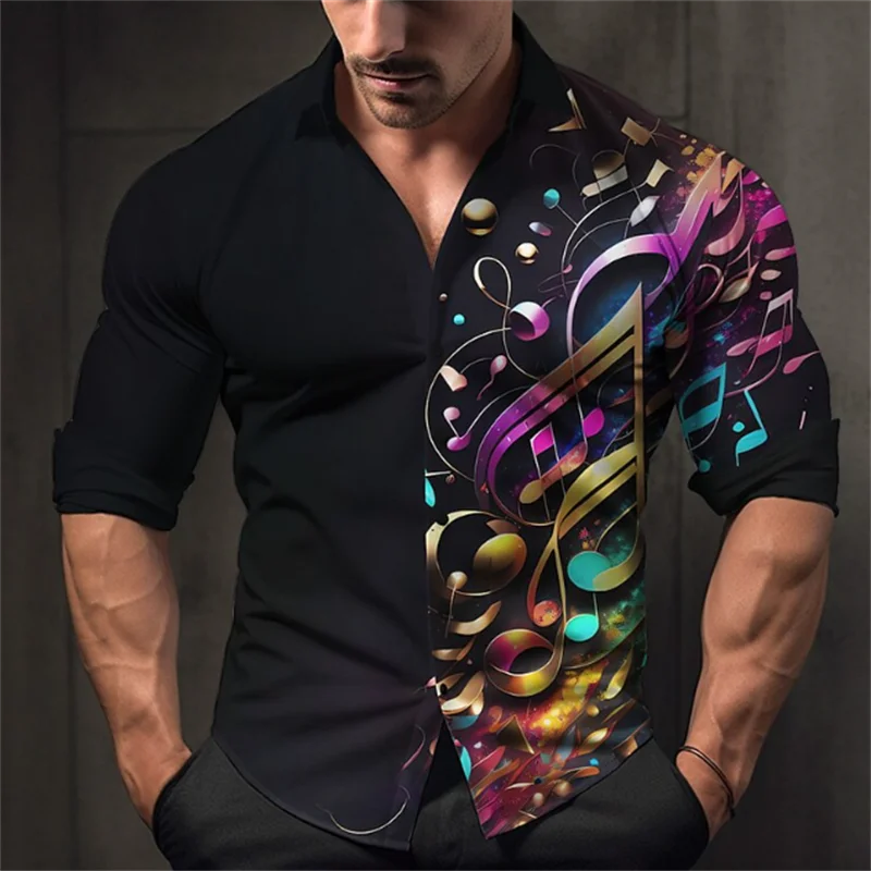 2023 New Men\'s Shirt Music Note 3D Printing Lapel Button Long Sleeve Shirt Prom Party Clothing Fashion Dress Designer Casual 6XL