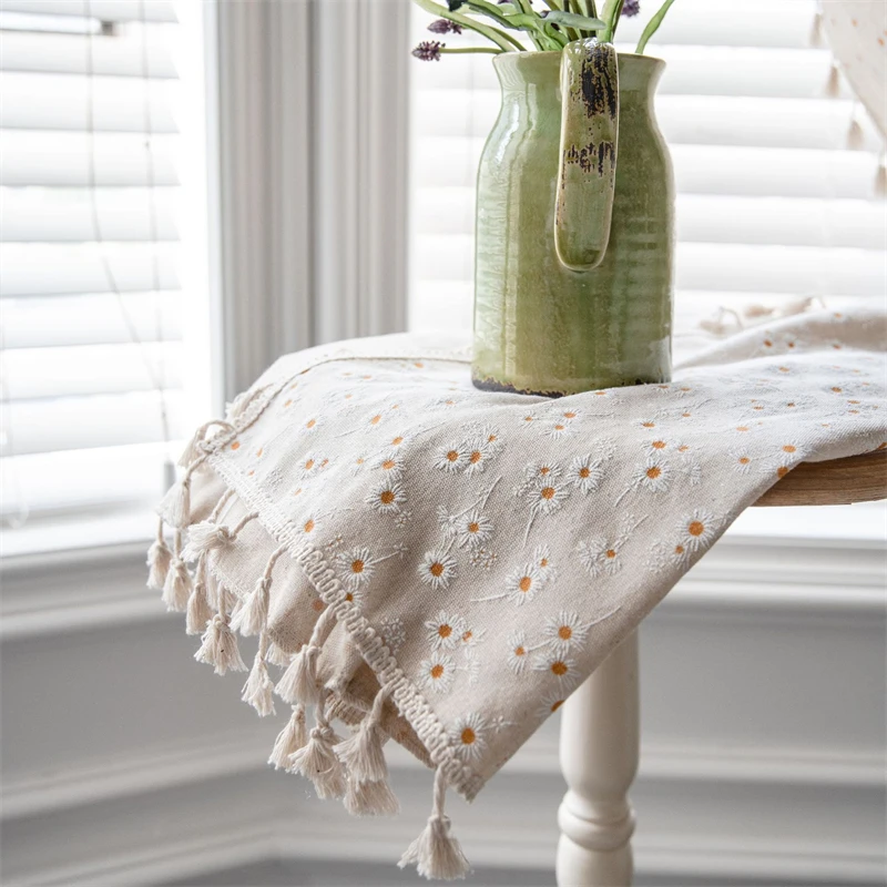 

Country Pastoral Style Cotton Linen Curtains for Living room Beige Curtains for Bedroom Cute Daisy Window Blinds With Tassel