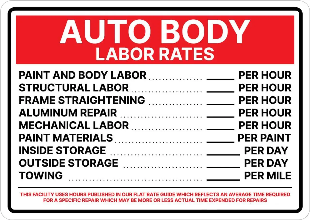 Auto Body Labor Rates - Hours Published in Flat Rate Guide Landscape - Wall Sign 12