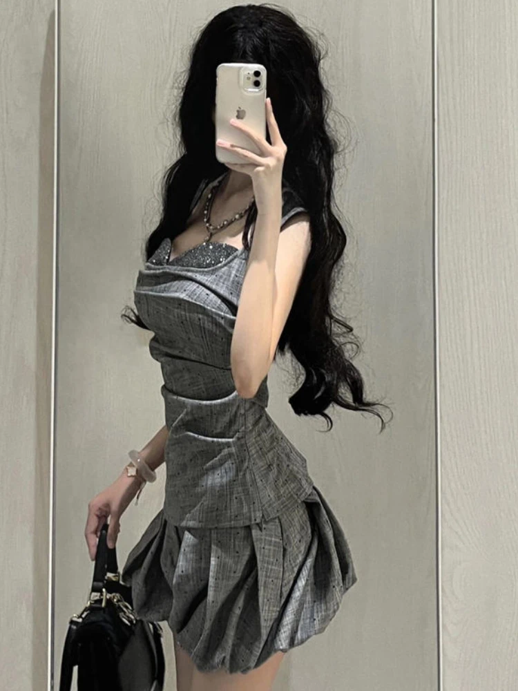 Korean Fashion New Chic Two Piece Set Women Gray Polka Dot sleeveless Tops+High Waist Mini Skirt Female Summer Casual Party suit