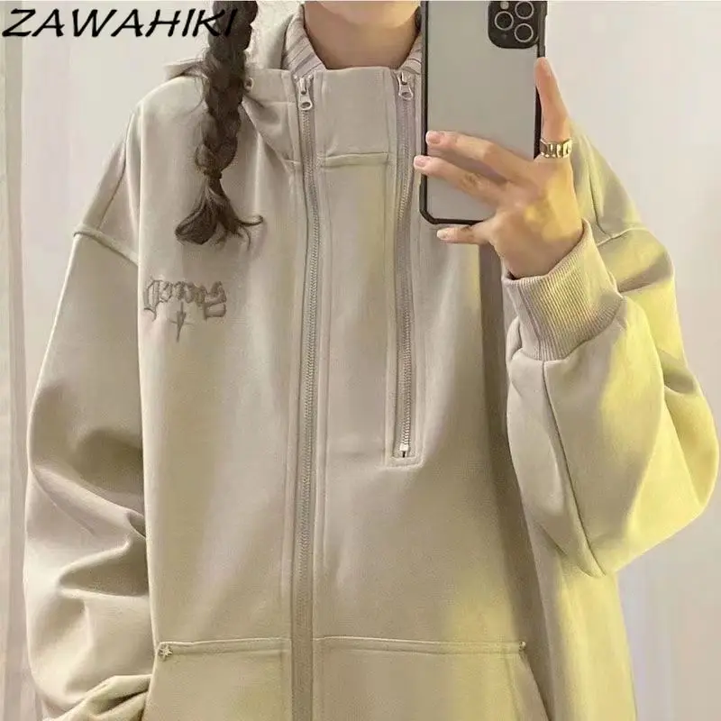 ZAWAHIKI Jackets for Women Letter Embroidery Zipper Designed American Hoodies Sweatshirt Solid Color Lovers Loose Casual Outwear