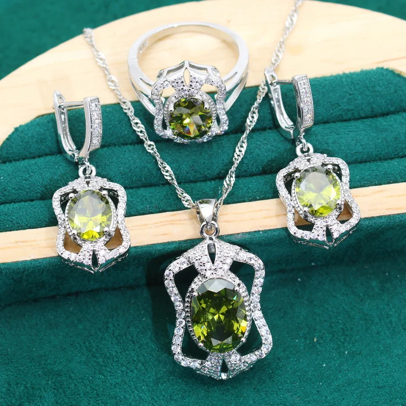 3-Color Olive Green Zircon Silver 925 Wedding Jewelry set for Women Earrings Necklace pendant Ring Birthday Date Gift