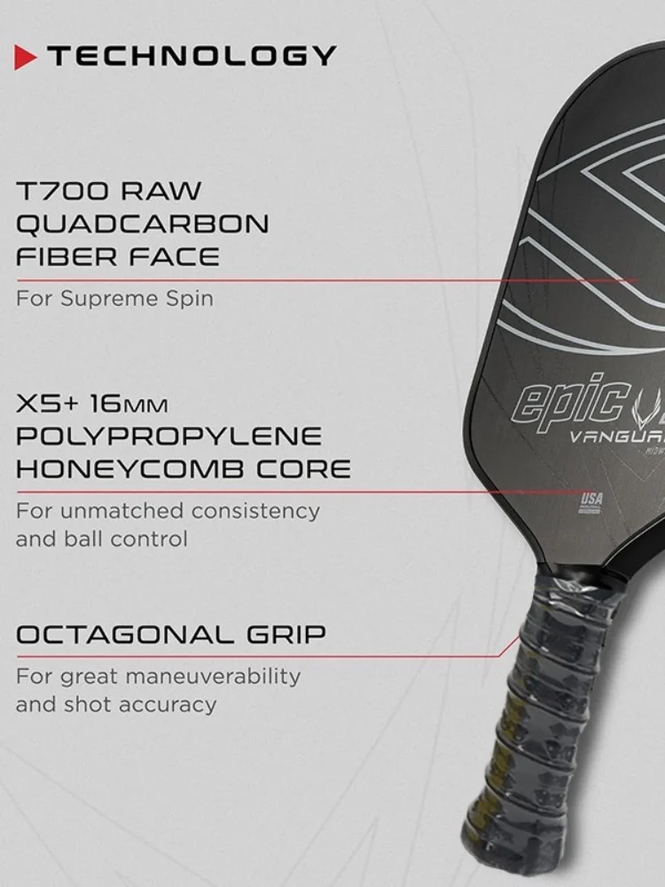 VANGUARD Control Series T700 Raw Carbon Fiber Pickleball Paddle Friction Surface Super Spin&Control 16mm Polymer Honeycomb Core