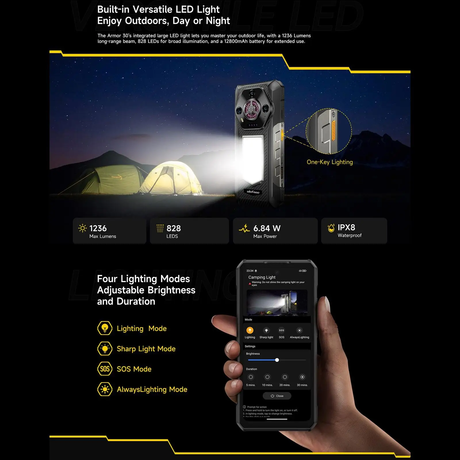 Ulefone Armor 30 Rugged Phone 12800mAh 66W 6.95" 120Hz 12GB+512GB 64MP Night Vision Camera Helio G100 Smartphone Android 15 NFC