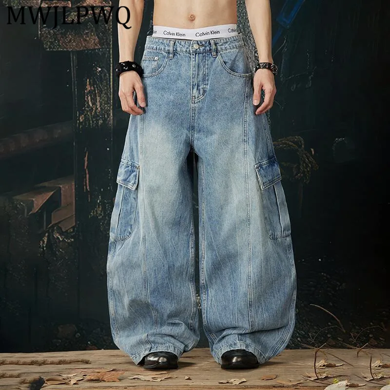 

MWJLPWQ Men's New Heavy-Duty Washed Vintage Jeans Deconstructed Patch Pocket Design American Baggy Workwear Wide Leg Pants 14161