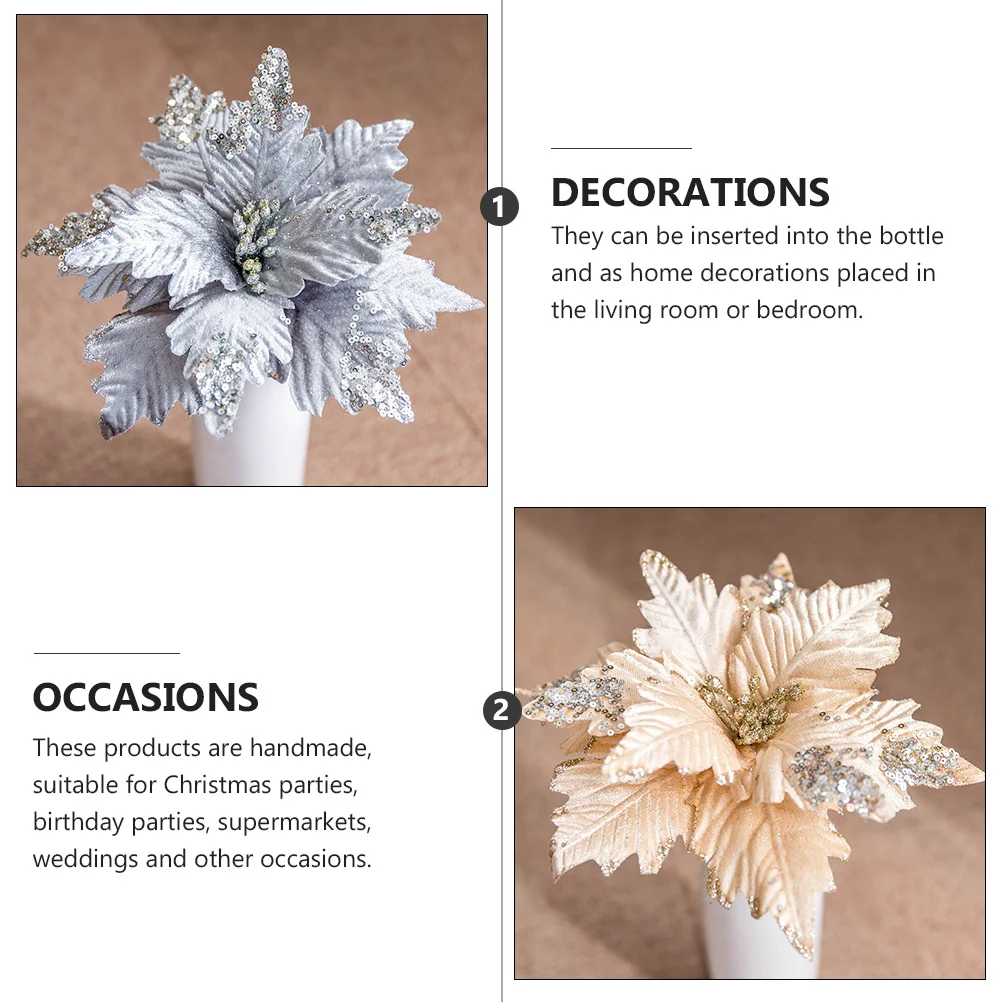 

2Pcs Christmas Glitter Artificial Flowers Handmade Decorations for Xmas Tree Wreath Vase Party Use Christmas Flower