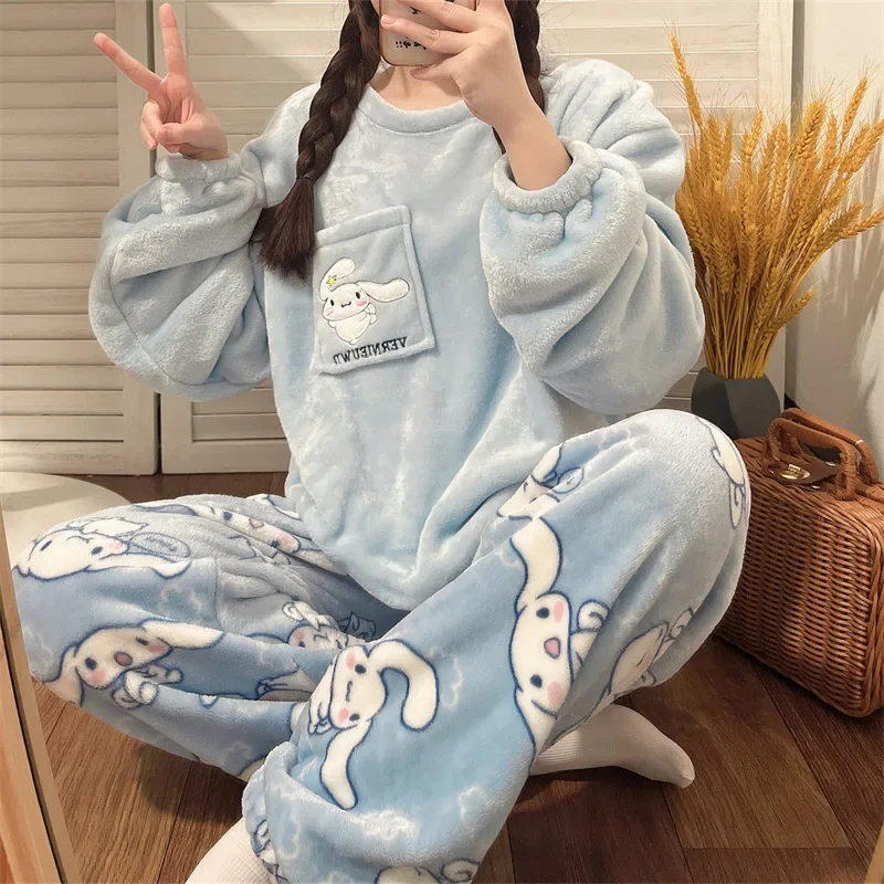 

Sanrio Hello Kitty My Kuromi Flannel Autumn winter Cartoon Anime Pajamas Two-piece Set for Women's Round Neck Thick Home Clothes