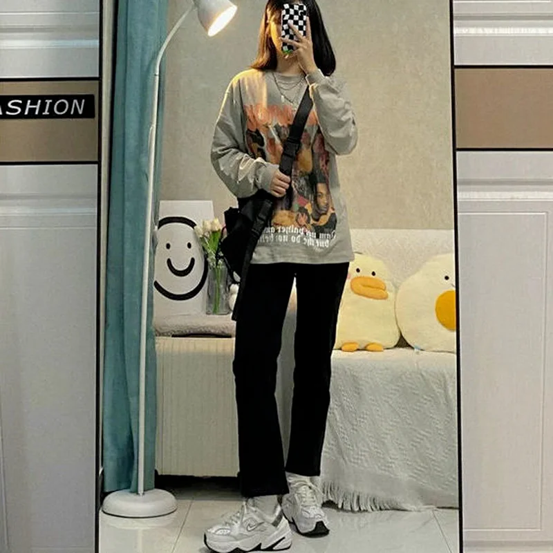 

Джинсы женские молодежные Y2K модные брюки до щиколотки свободные повседневные минималистичные студенческие черные популярные уличные нежные осенние новые