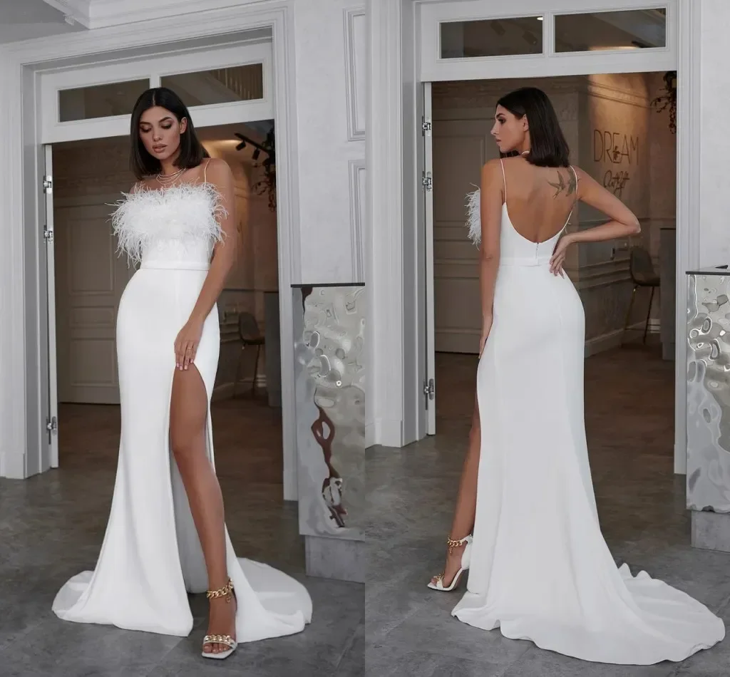 Sexy Meerjungfrau Hochzeits kleid rücken frei italienisches Schulter band mit Händen und Federn plus Größe Strand Auditorium Brautkleid neu