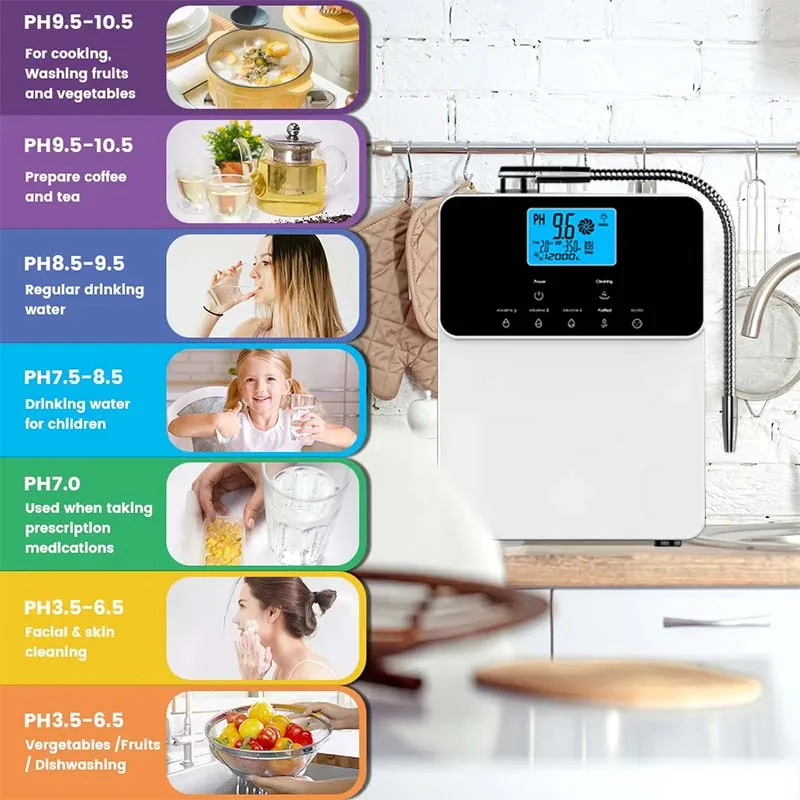 اليابان التكنولوجيا القلوية المياه المؤين عالية PH 2.8-11 قيمة 11 لوحة كانجن نظام الترشيح المياه الهيدروجين منقي مرشح المياه