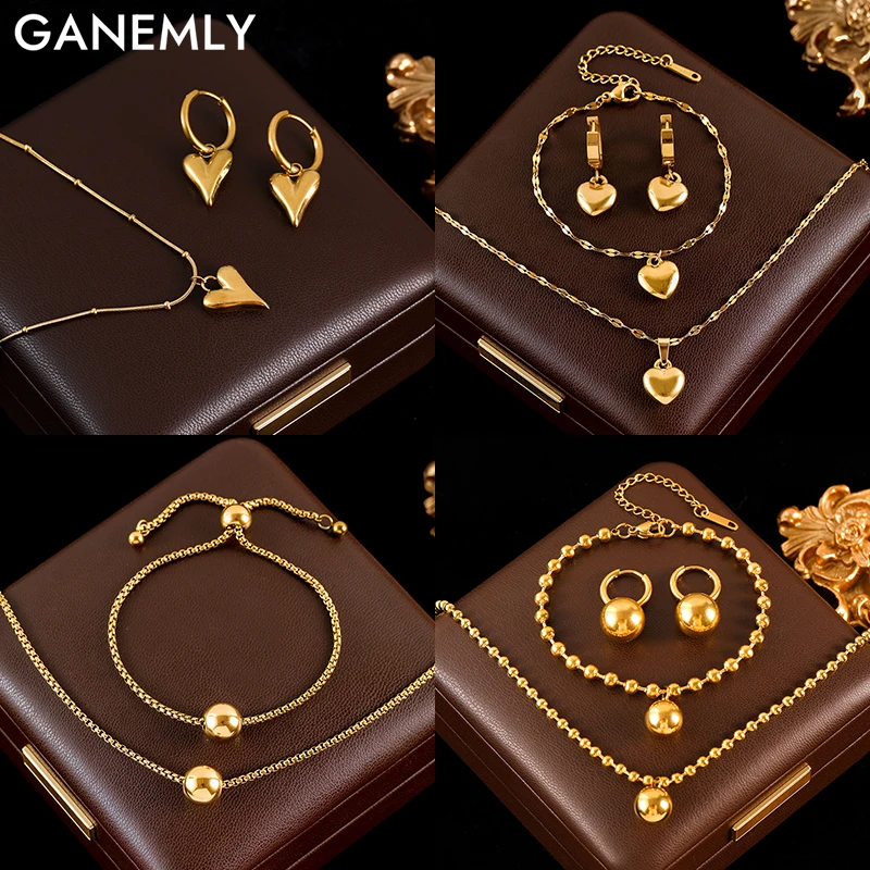 GANEMLY 316L Stainless Steel Metal Bead Heart Necklace Earrings Bracelet Set For Women Trendy 18K Gold Plated Waterproof Jewelry