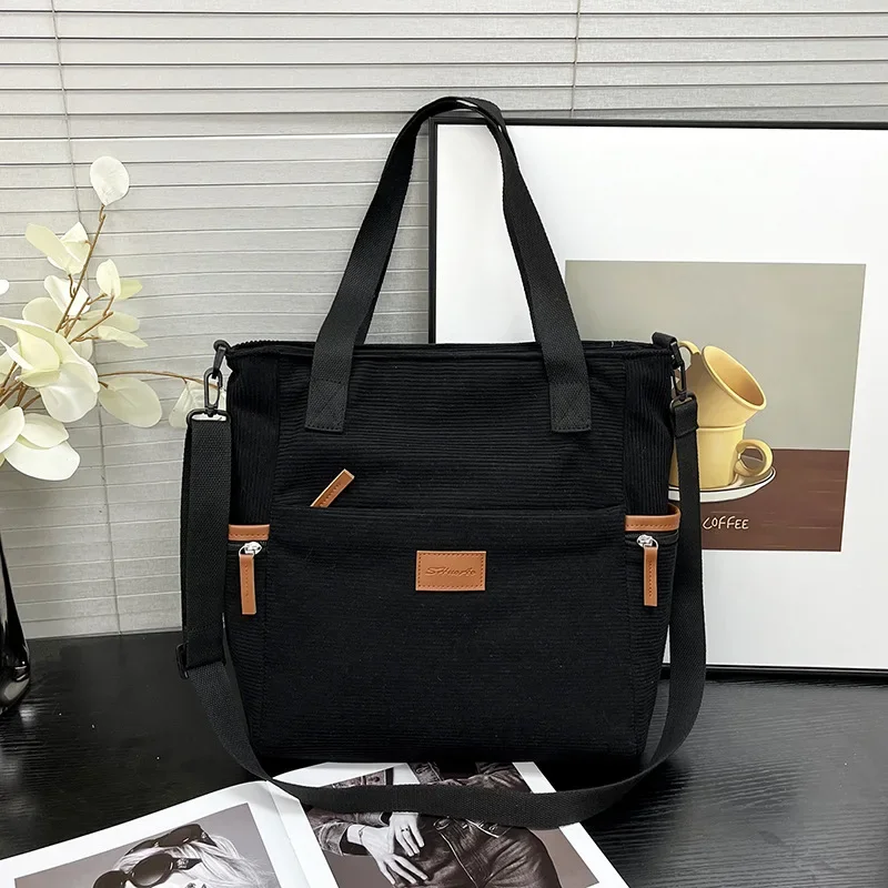 New Corduroy Tote Bag for Women Large Capacity Student Handbag for Class Casual Versatile Commuter Single Shoulder Crossbody Bag