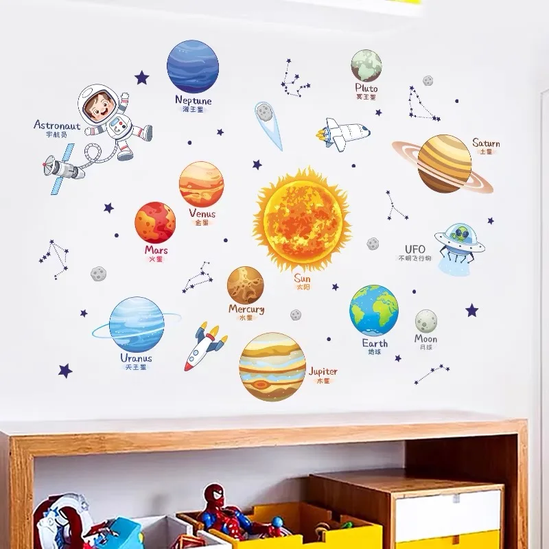 Cartoon Solar System Cosmic Planet Sun Earth Moon Wall Stickers for Kids Room Bedroom Reading Room Wall Decals School Nursery