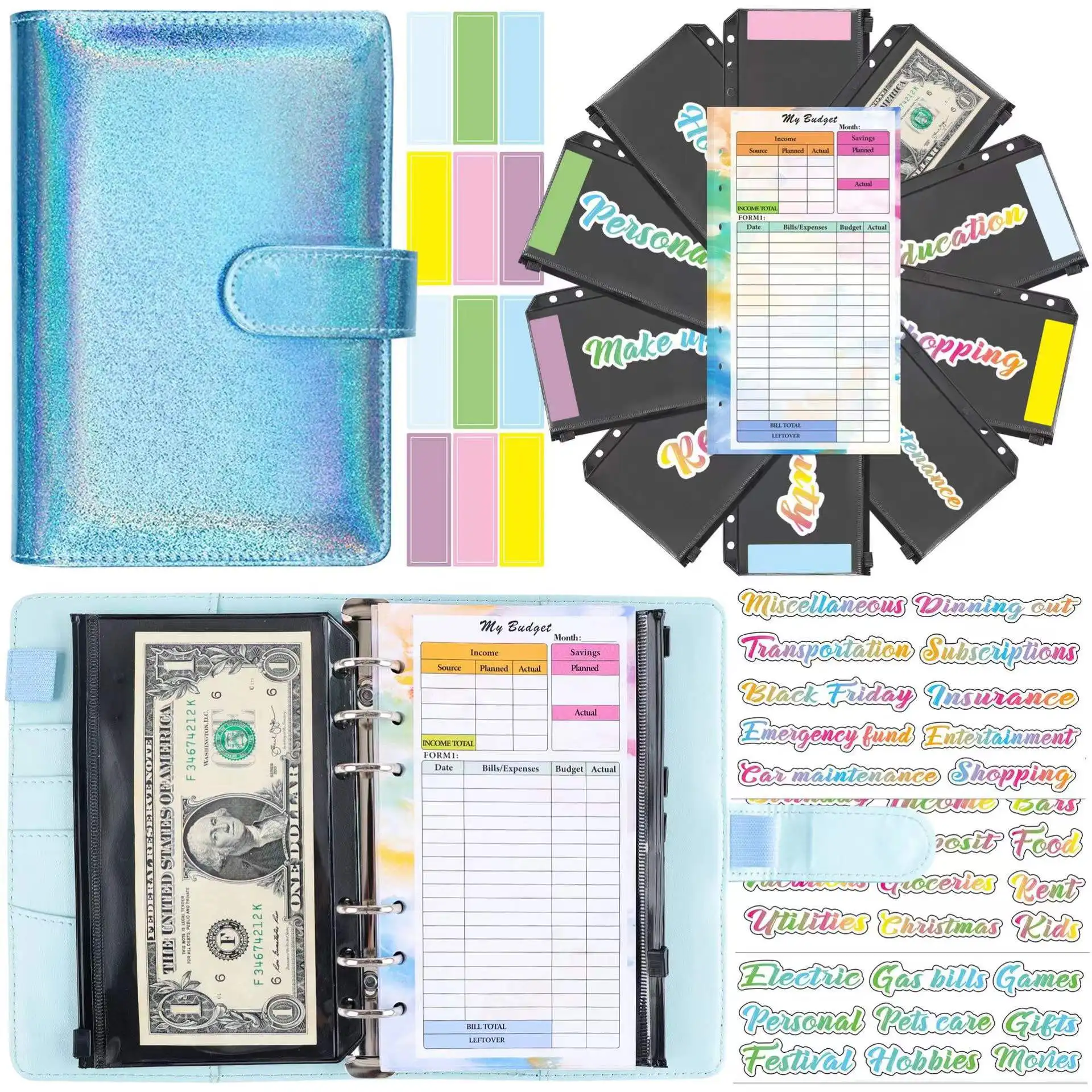 

A6 Budget Binder Money Envelopes Organizer for Saving, 6 Ring Budget Planner with 10pcs Zipper Cash Envelopes, 14pcs Budget Card