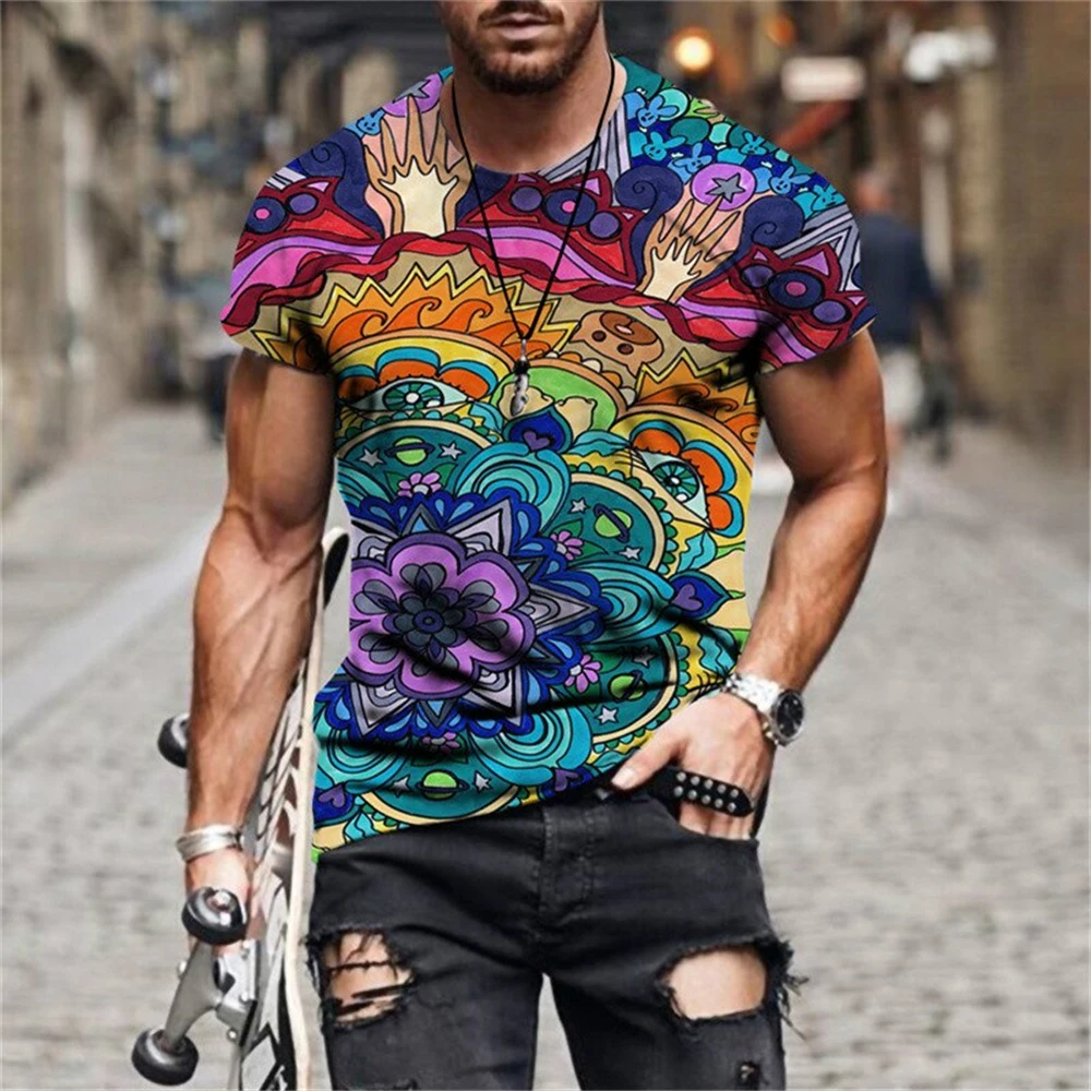 Summer New Ethnic Style Original Men\'s T Shirts Fashion Unisex Casual Printed Tee Personality Oversized O-Neck Short Sleeve Tops