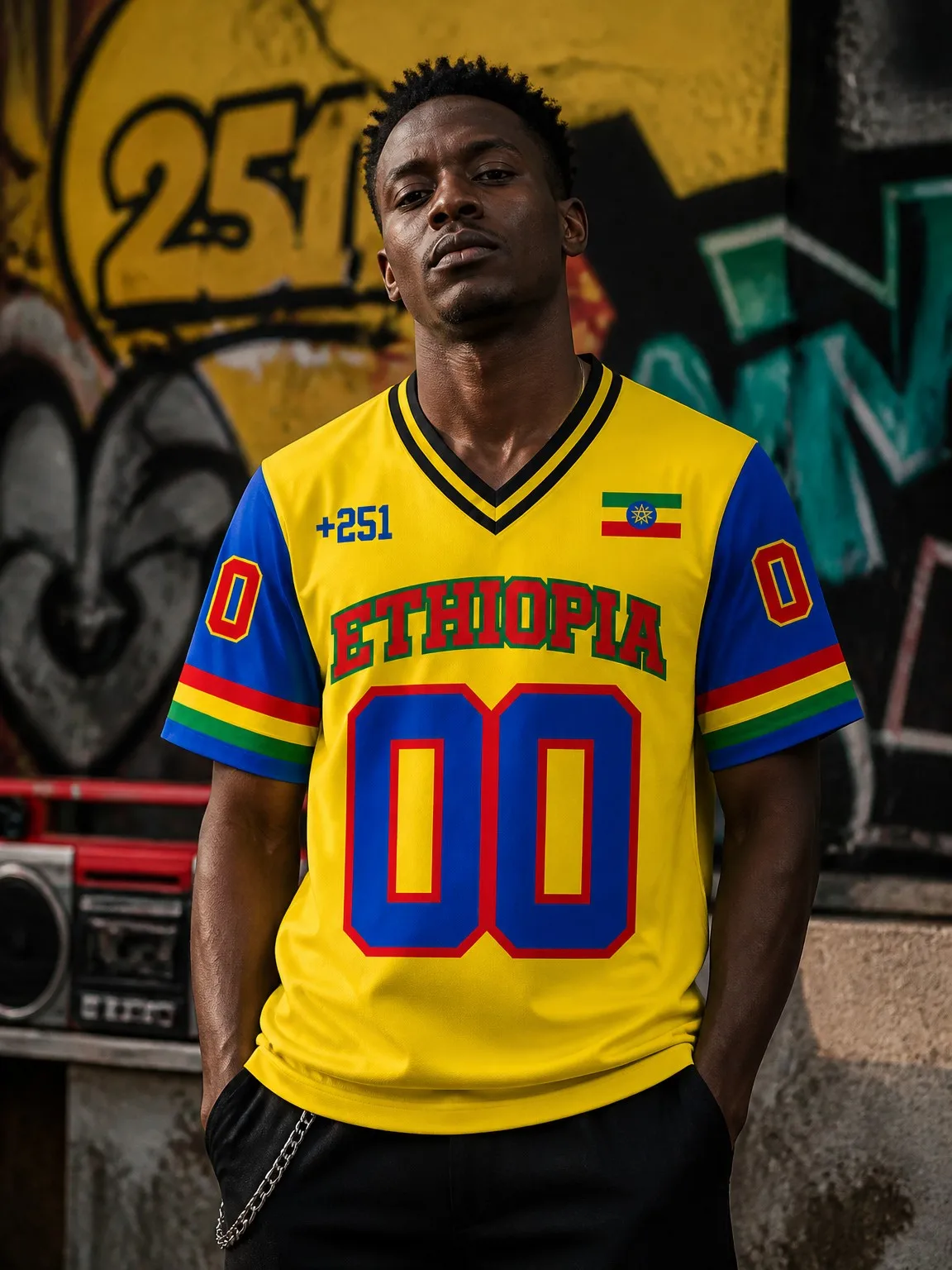 Men's Hip Hop Street Style Number Print Ethiopian Satin V-Neck T-Shirt, Loose Fit Summer Knitwear, Fashionable New Arrival